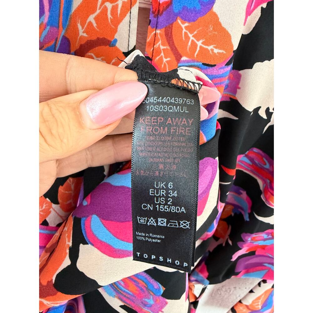 Topshop Floral Midi Wrap Dress Long Sleeve Black Pink Orange Belted Size US 2 - Picture 8 of 9